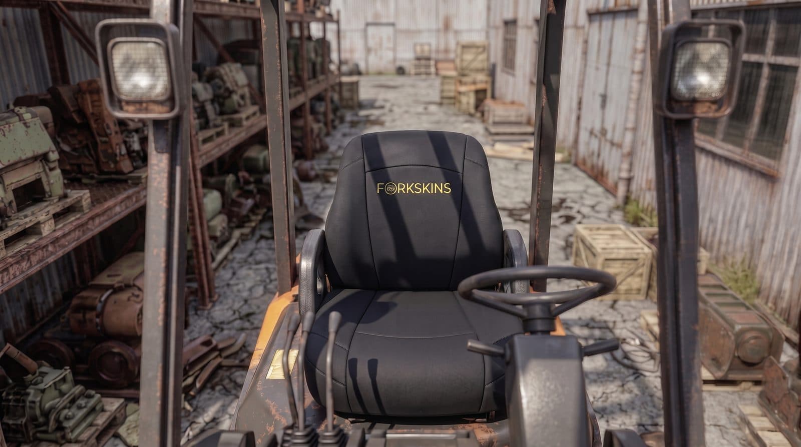 ForkSkins padded neoprene seat cover cinched tight on a forklift seat