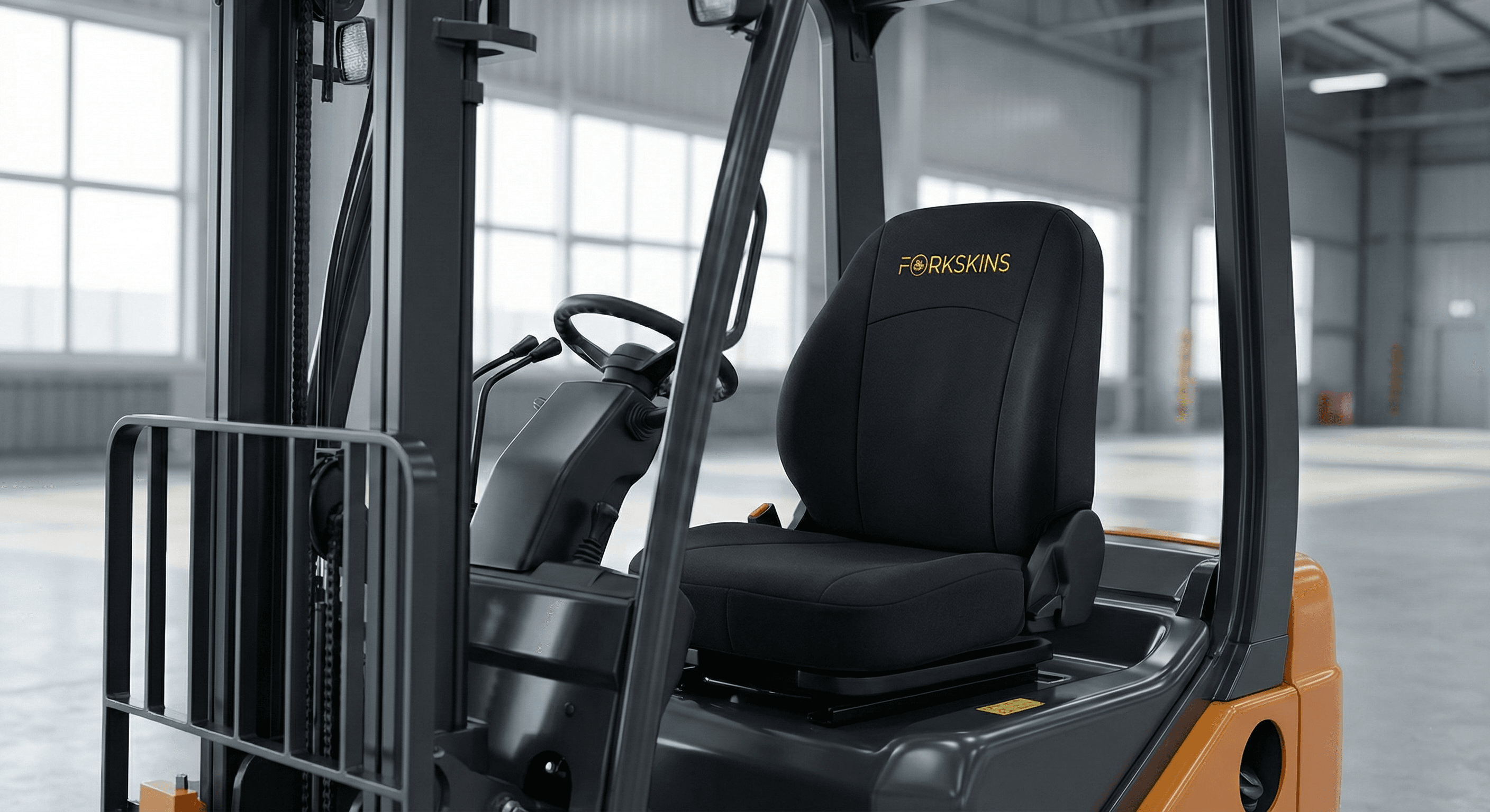 Close-up of Forkskins cover with logo on backrest installed on seat
