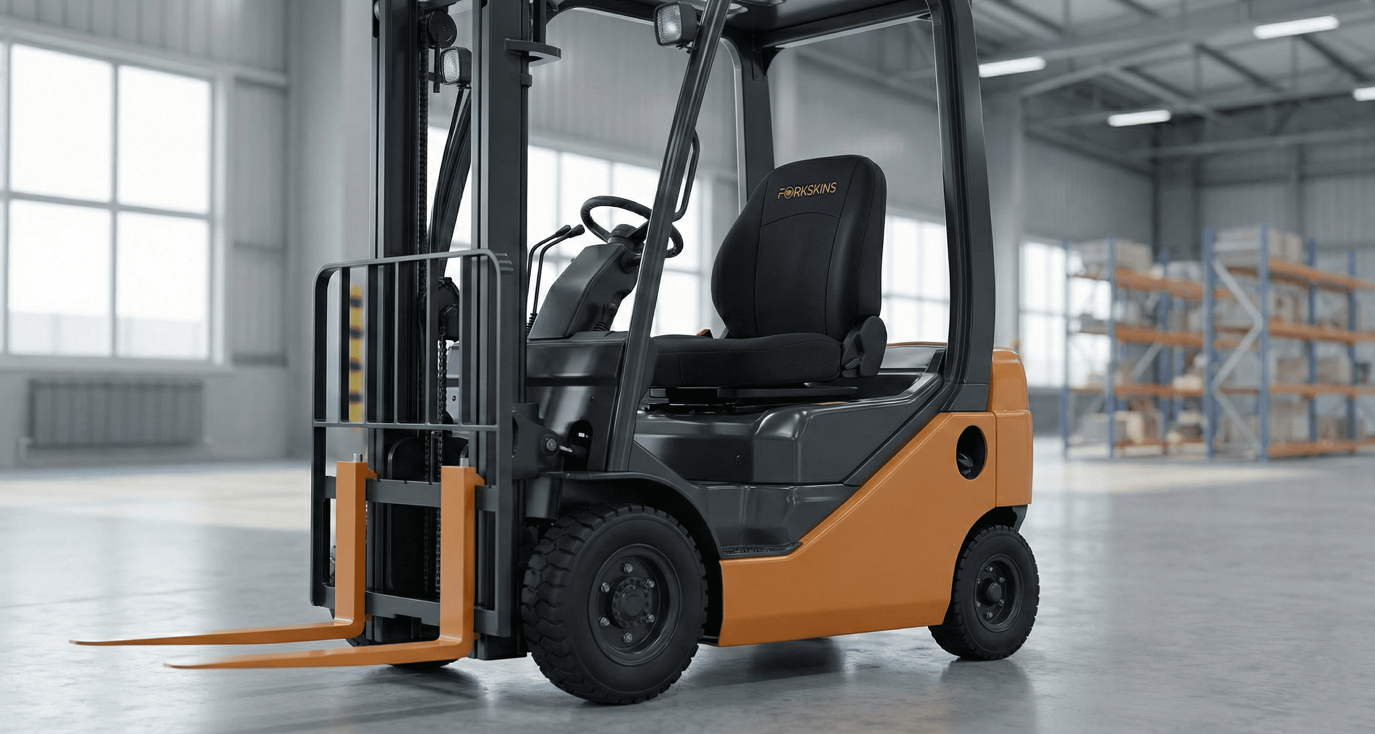 Forklift with Forkskins cover in outdoor yard setting with pallets