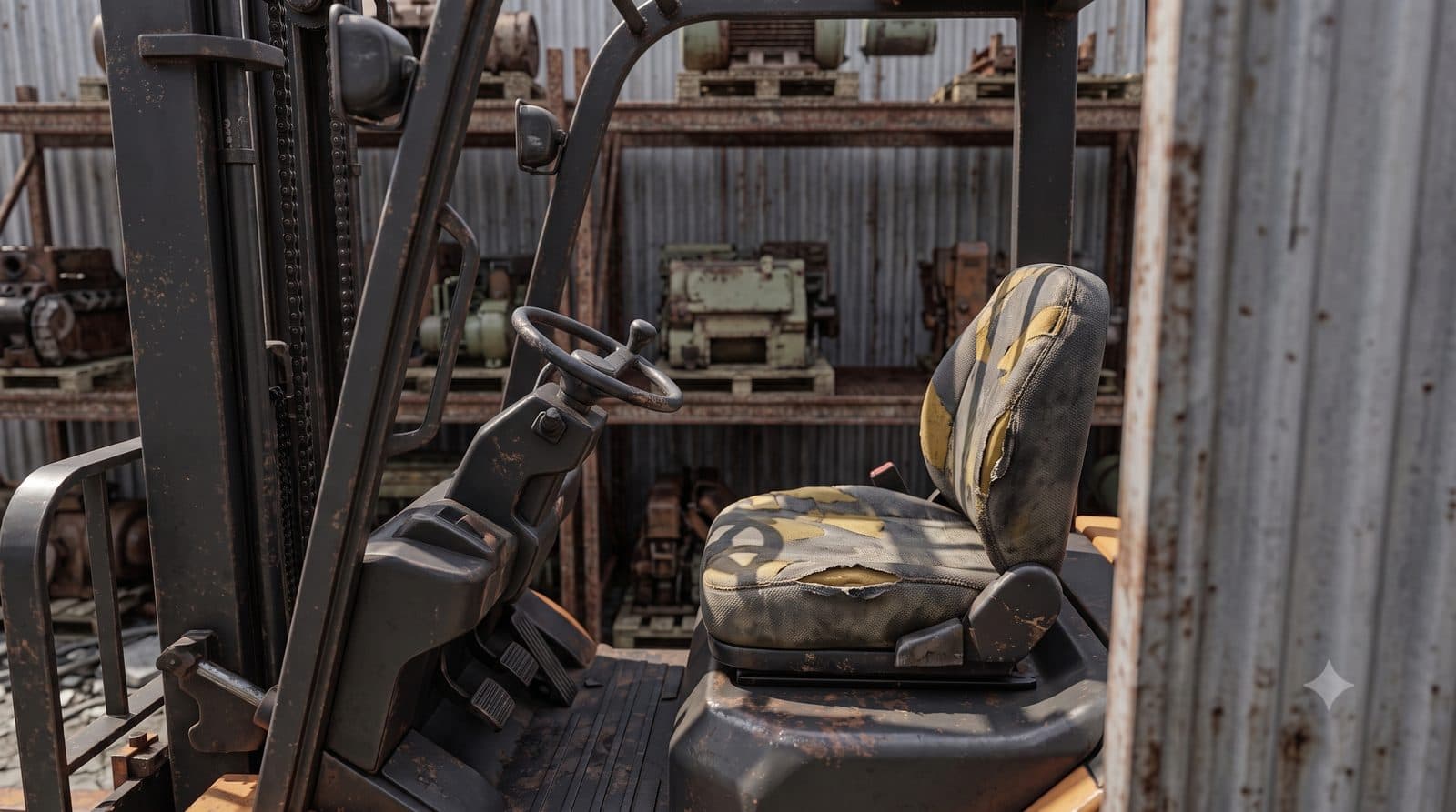 Two-piece forklift seat with separate backrest and bottom cushion — the layout ForkSkins fits