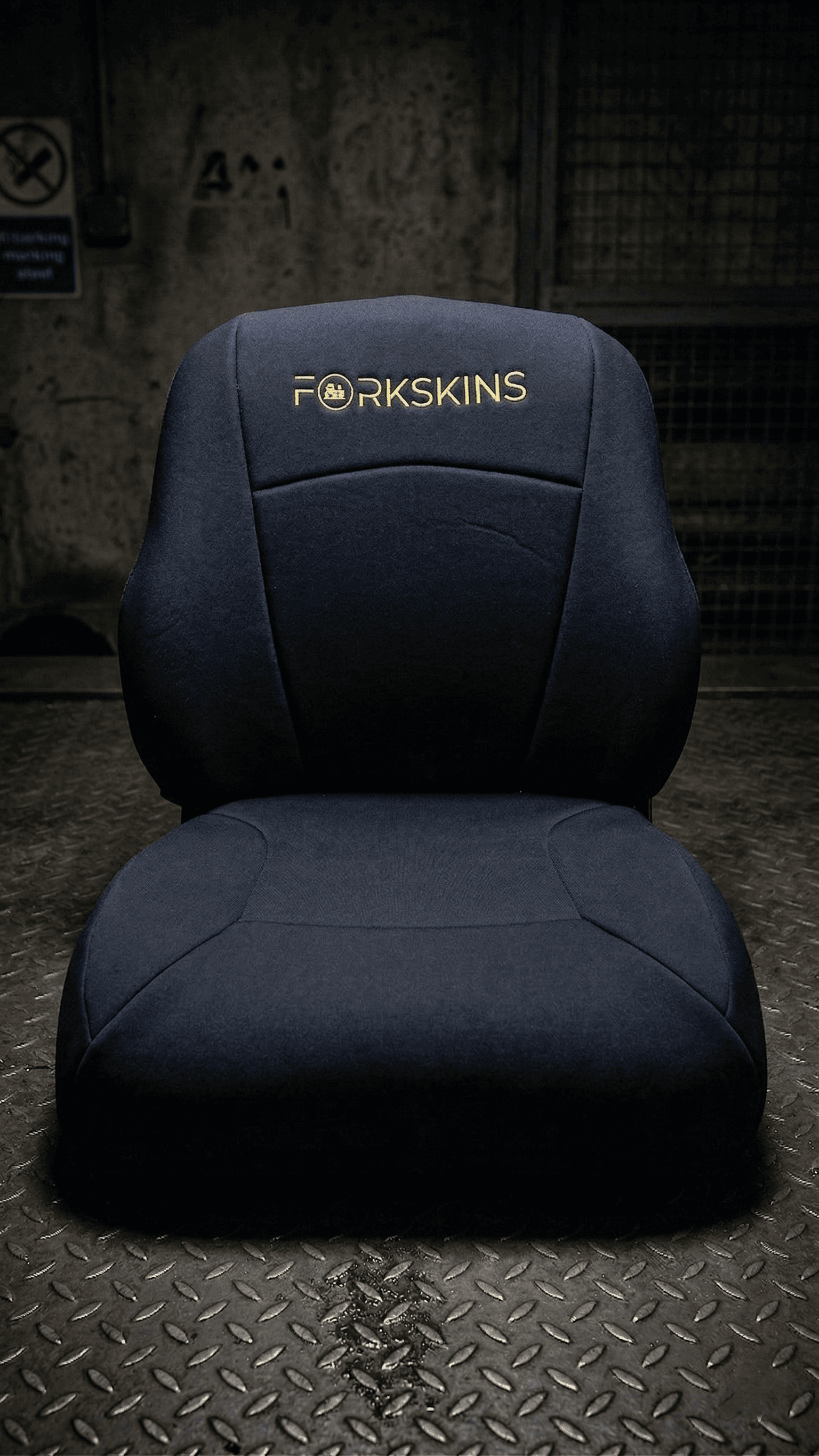 Forkskins seat cover on diamond plate — dark moody backdrop