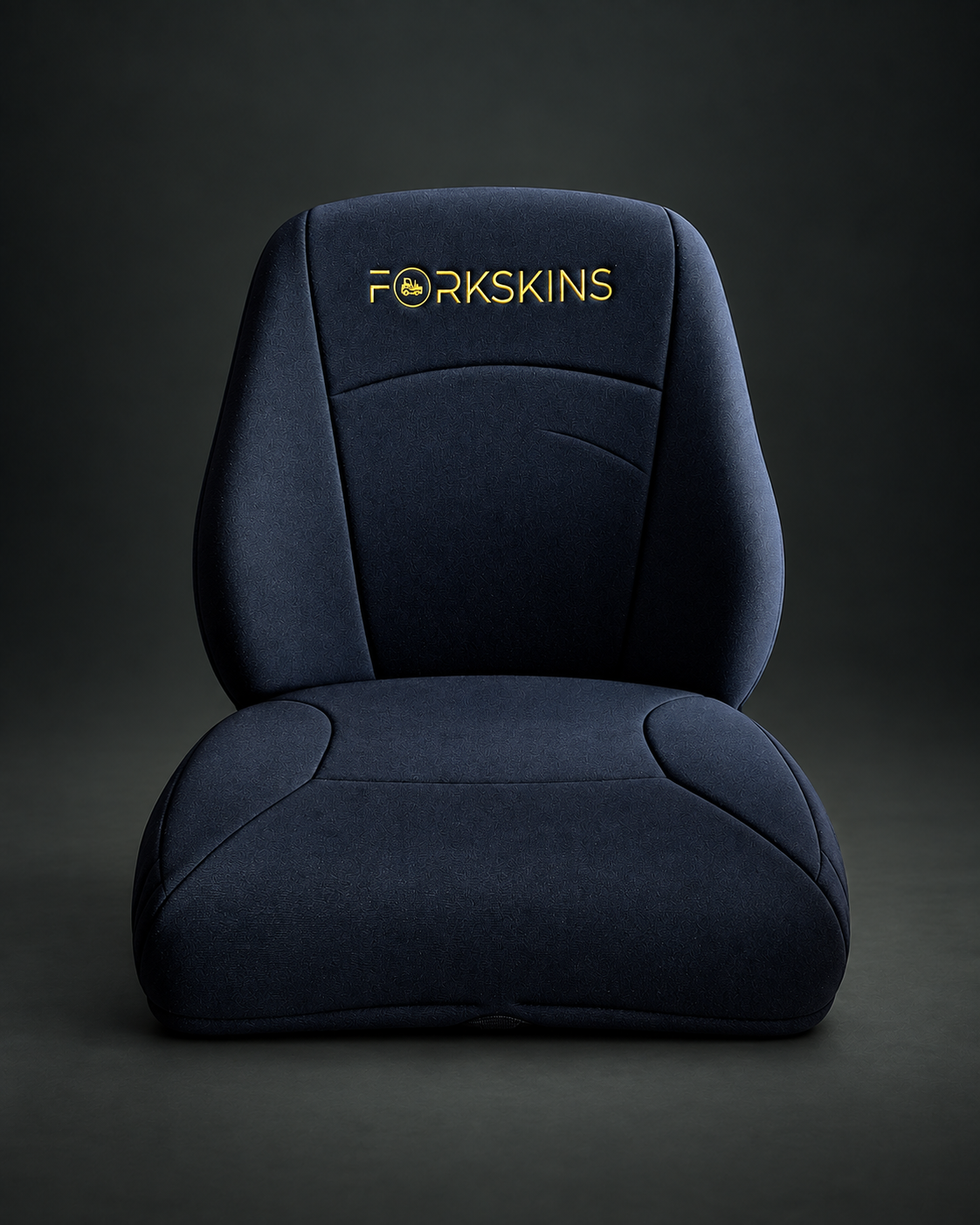 ForkSkins covered seat in a clean graphite studio presentation, showing neoprene, curved seams and yellow embroidery